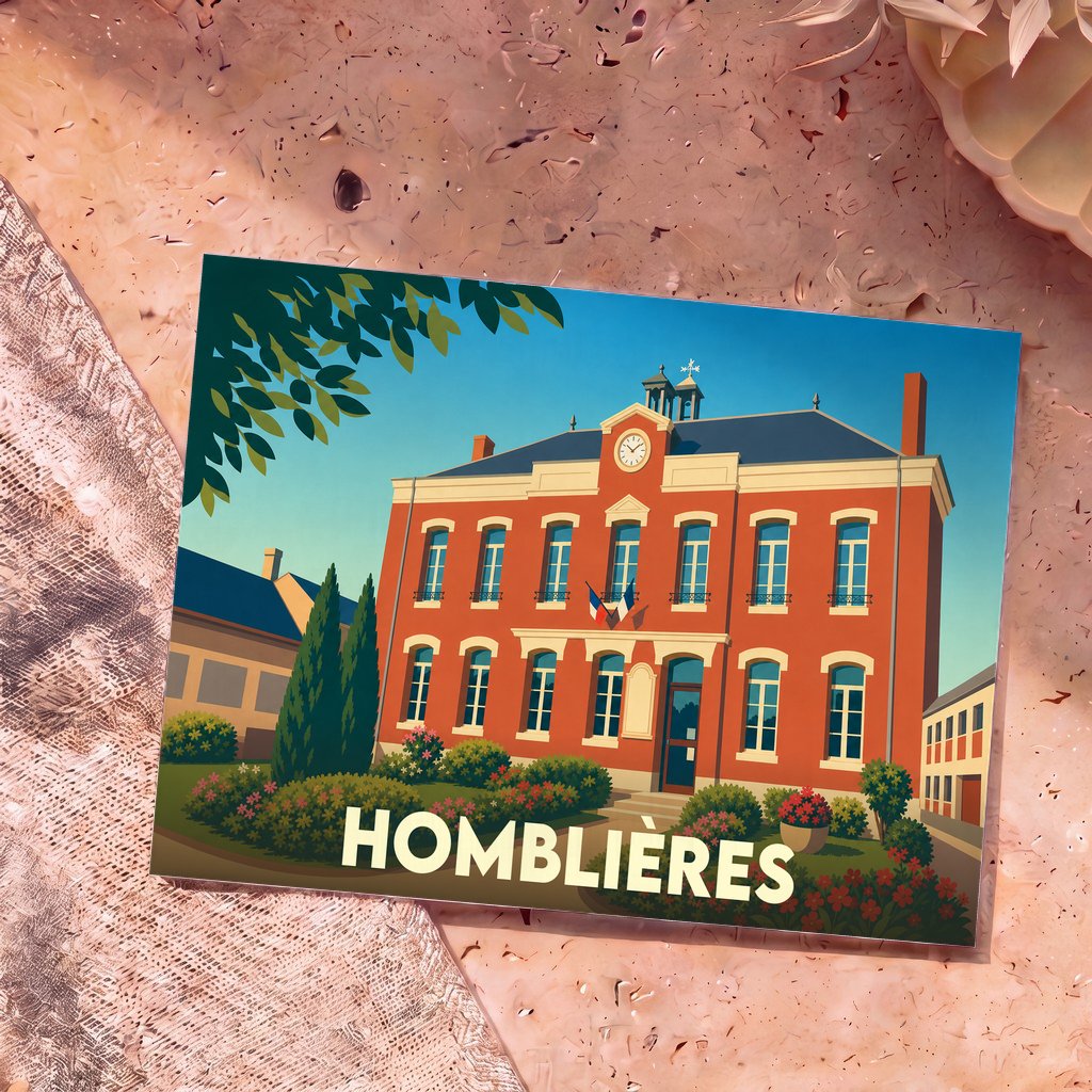 Carte postale souvenir de la ville de Homblières illustrant sa mairie dans un style graphique épuré.