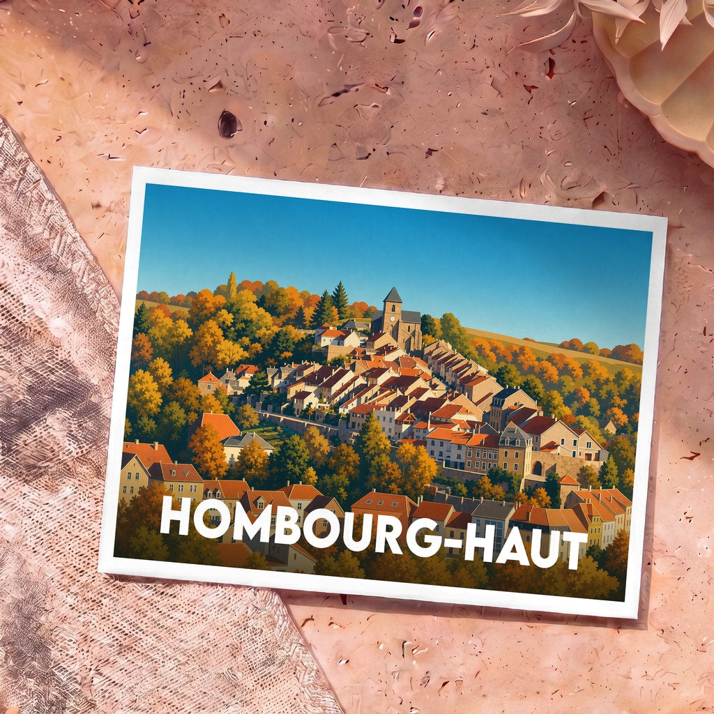 Carte postale souvenir de la ville de Hombourg-Haut avec une illustration stylisée d'un village pittoresque en automne.
