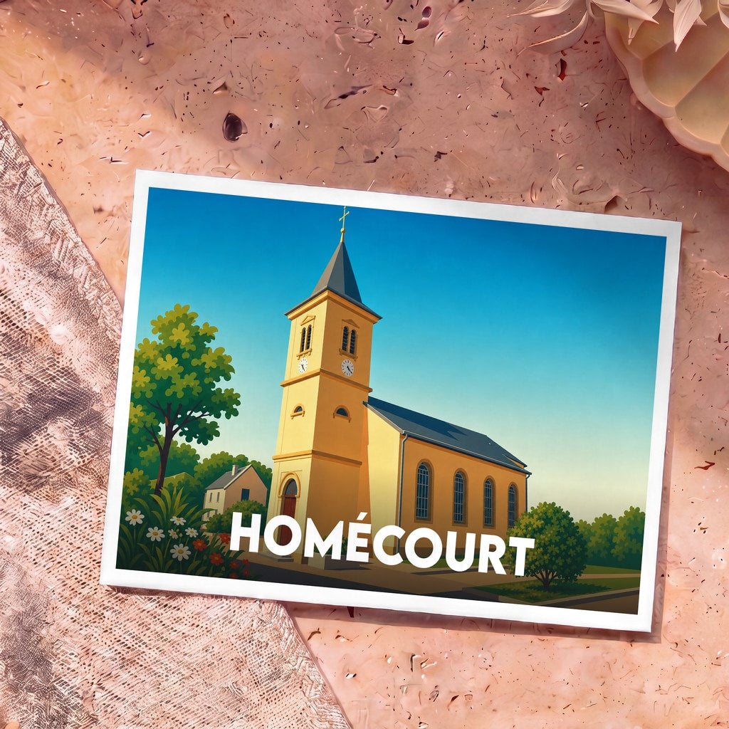 Carte postale souvenir de la ville de Homécourt illustrant son église dans un style graphique épuré.
