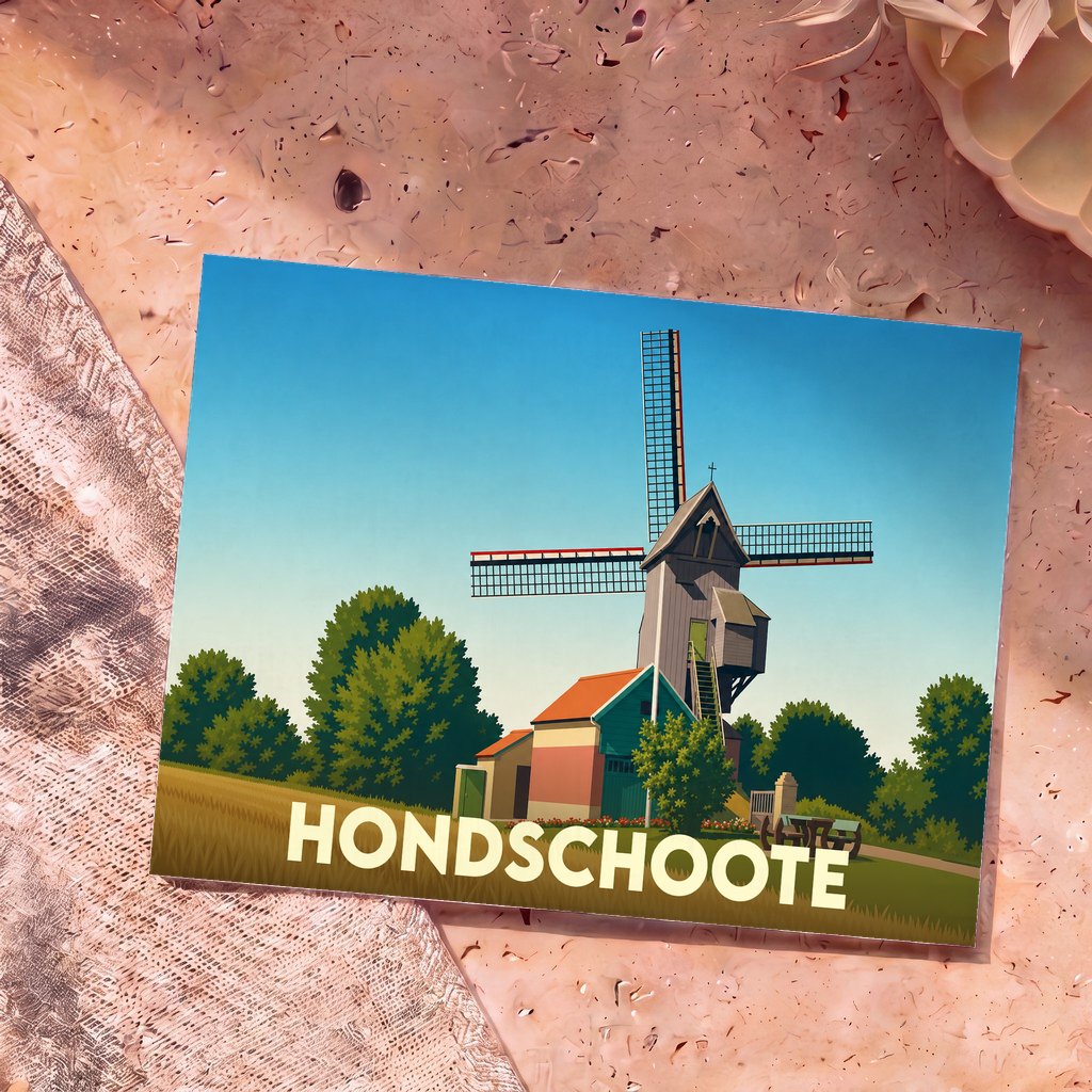 Carte postale souvenir de la ville de Hondschoote illustrant un moulin à vent de style rétro.