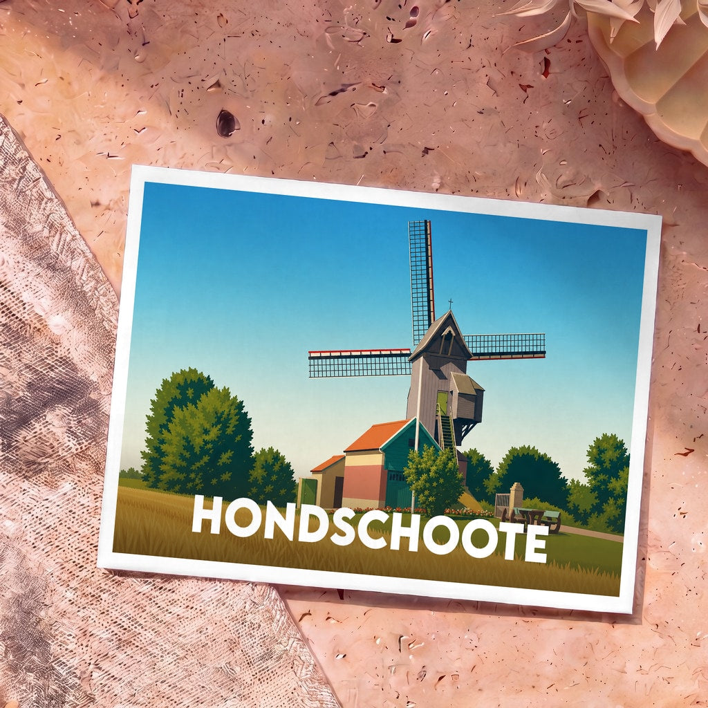 Carte postale souvenir de la ville de Hondschoote illustrant un moulin à vent de style rétro.