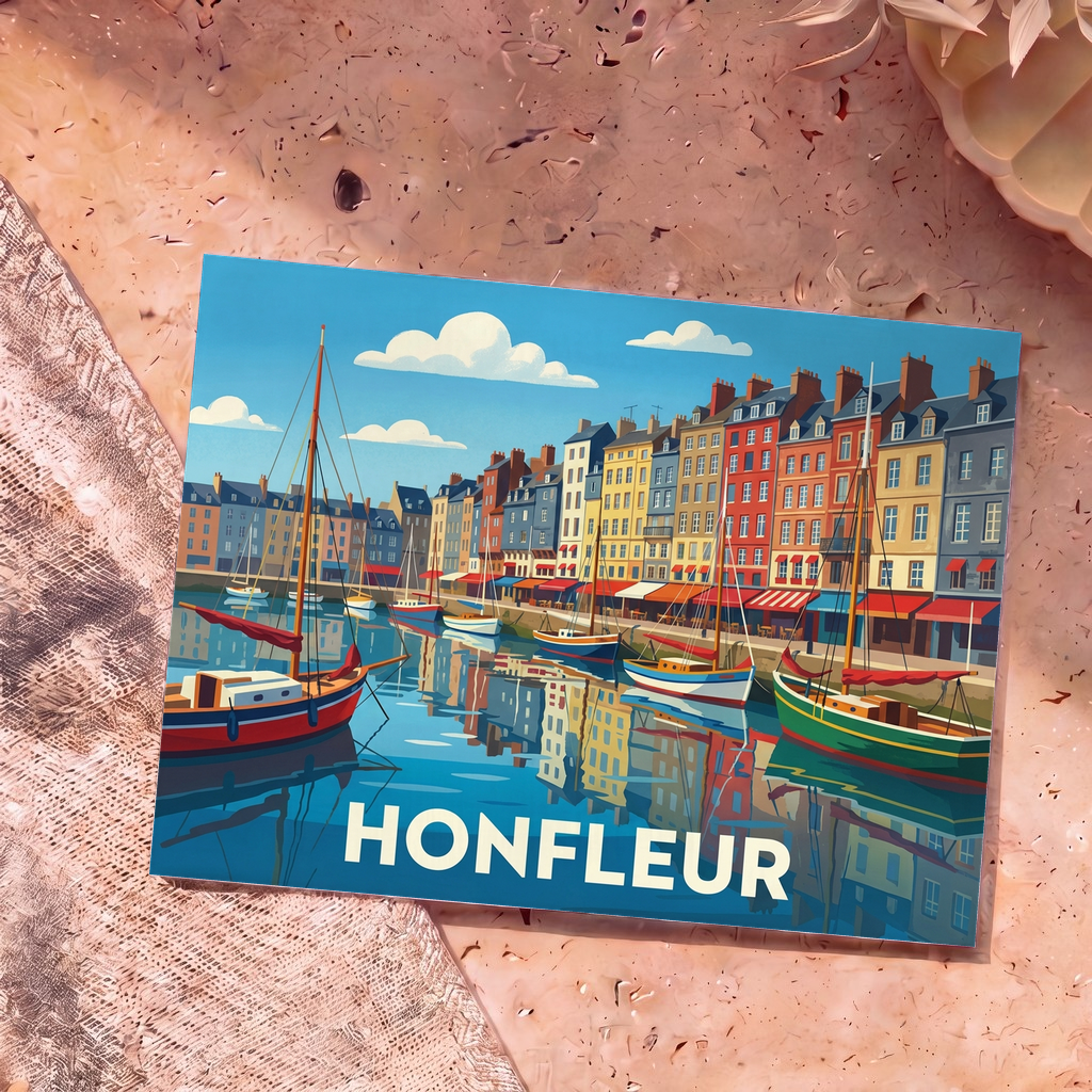 Carte postale souvenir de la ville de Honfleur avec une illustration stylisée montrant des bateaux dans le Vieux Bassin devant les maisons colorées.