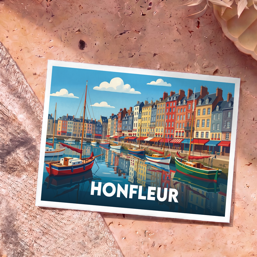 Carte postale souvenir de la ville de Honfleur avec une illustration stylisée montrant des bateaux dans le Vieux Bassin devant les maisons colorées.