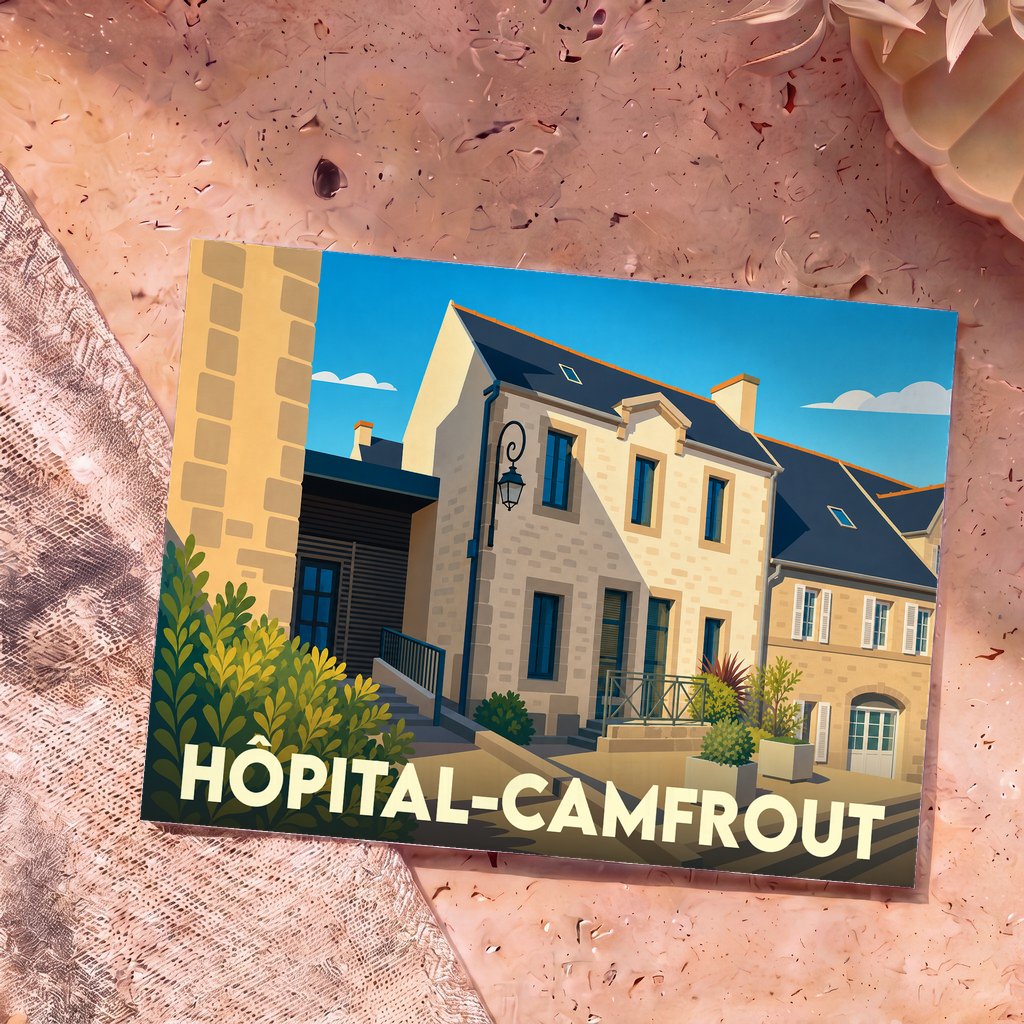 Carte postale souvenir de la ville de Hôpital-Camfrout avec une illustration stylisée de maisons bretonnes.
