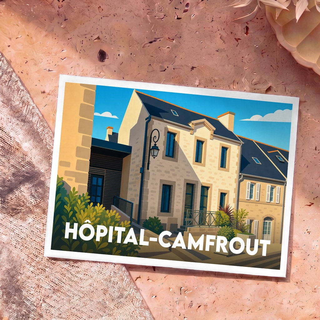 Carte postale souvenir de la ville de Hôpital-Camfrout avec une illustration stylisée de maisons bretonnes.