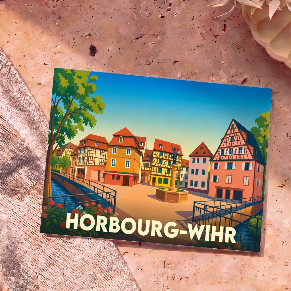 Carte postale souvenir de la ville de Horbourg-Wihr avec une illustration colorée de ses maisons à colombages et de ses canaux.