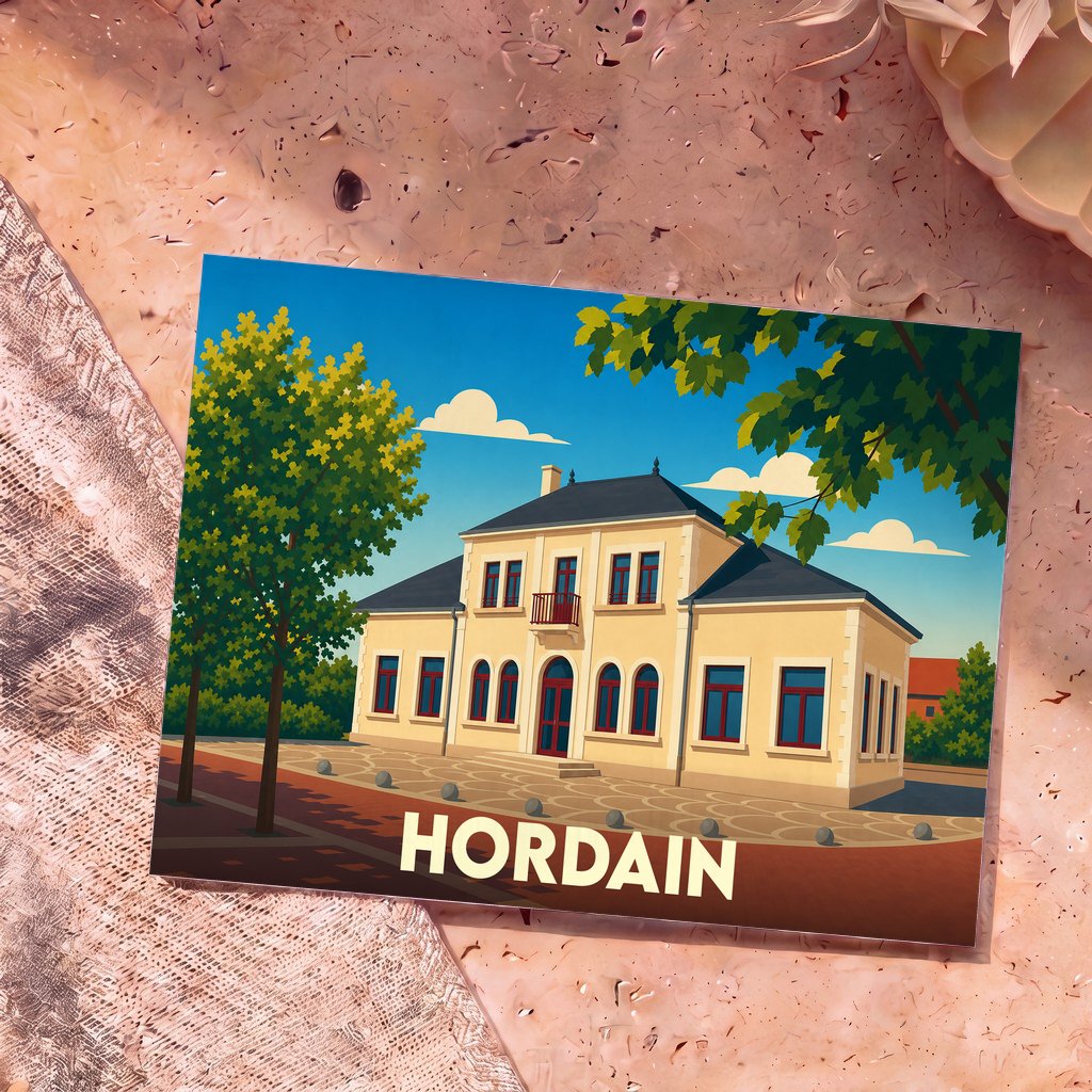 Carte postale souvenir de la ville de Hordain avec une illustration stylisée de son hôtel de ville.