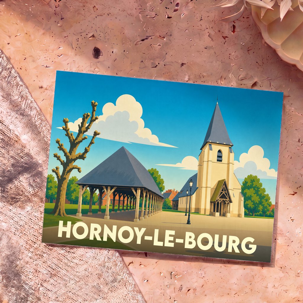 Carte postale souvenir de Hornoy-le-Bourg illustrant son église et ses halles historiques dans un style graphique épuré.