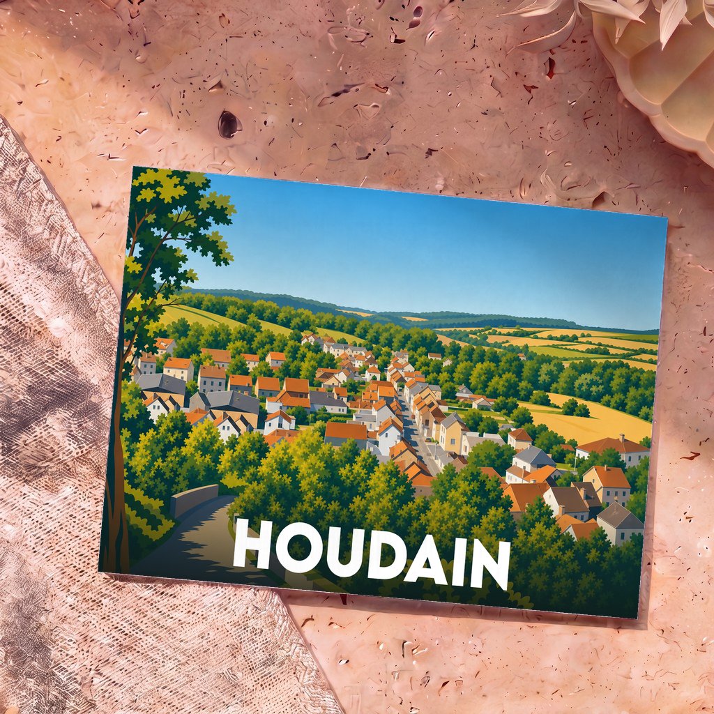 Carte postale souvenir de la ville de Houdain avec une illustration stylisée et colorée d'un paysage urbain niché dans la verdure.
