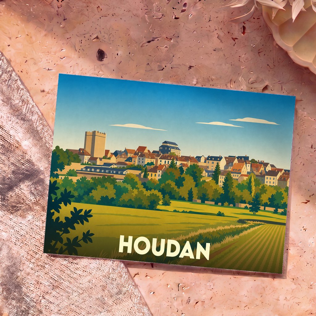 Carte postale souvenir de la ville de Houdan avec une illustration stylisée de son paysage urbain et rural.