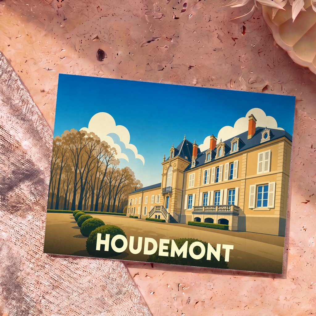 Carte postale souvenir de la ville de Houdemont illustrant son château dans un style graphique épuré.
