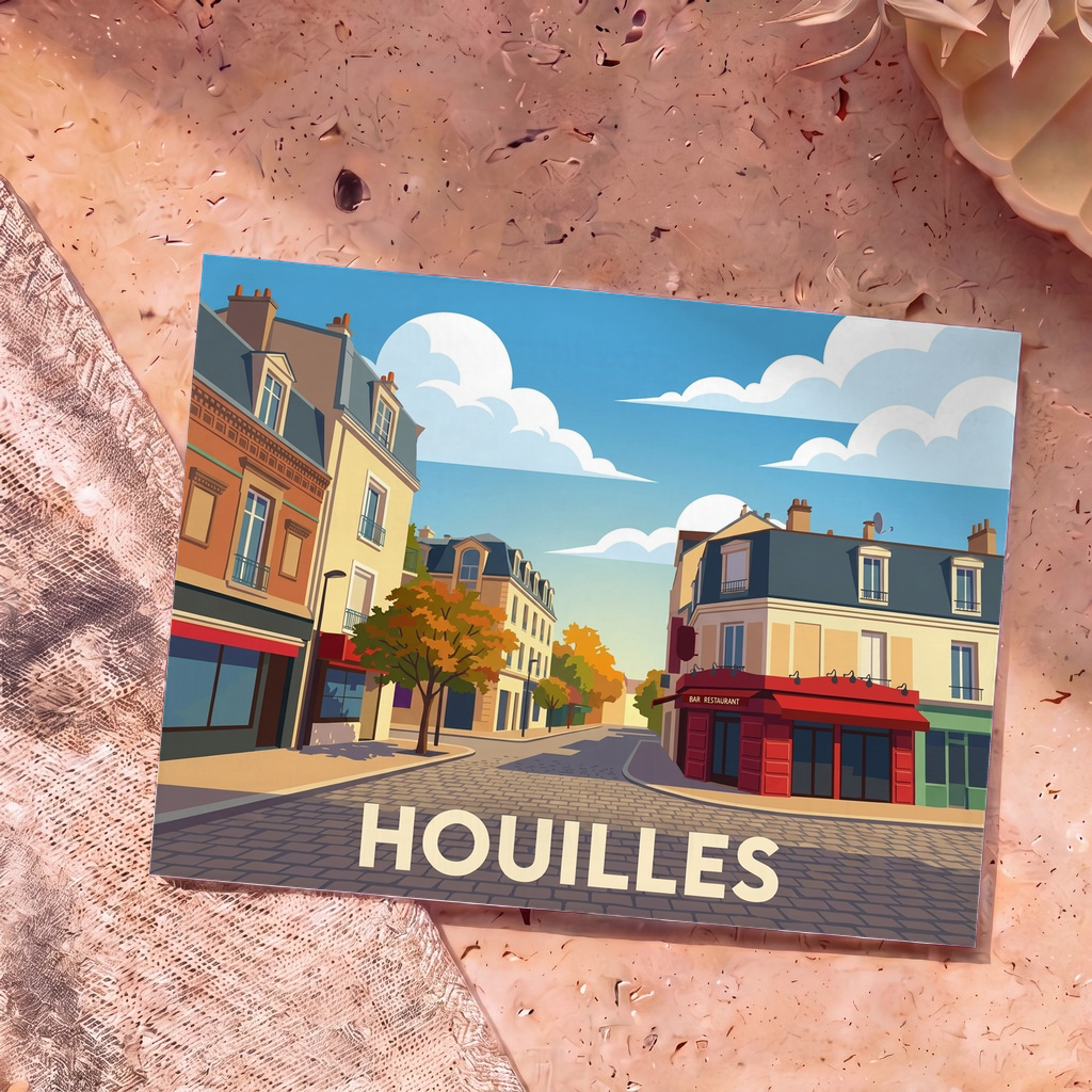 Carte postale souvenir de la ville de Houilles avec une illustration stylisée d'une rue pavée et de façades colorées.