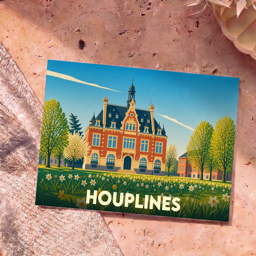Carte postale souvenir de la ville de Houplines illustrant son hôtel de ville dans un style graphique et coloré.
