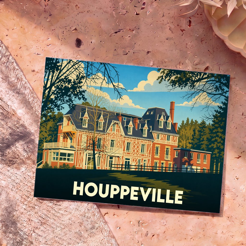 Carte postale souvenir de la ville de Houppeville avec une illustration stylisée de son architecture.