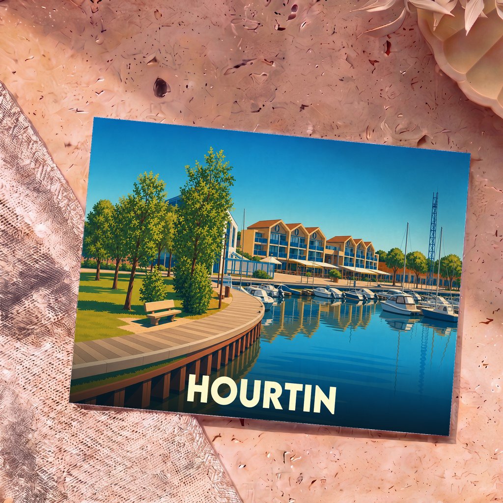 Carte postale souvenir de la ville de Hourtin avec une illustration stylisée de son port et de son front de mer.