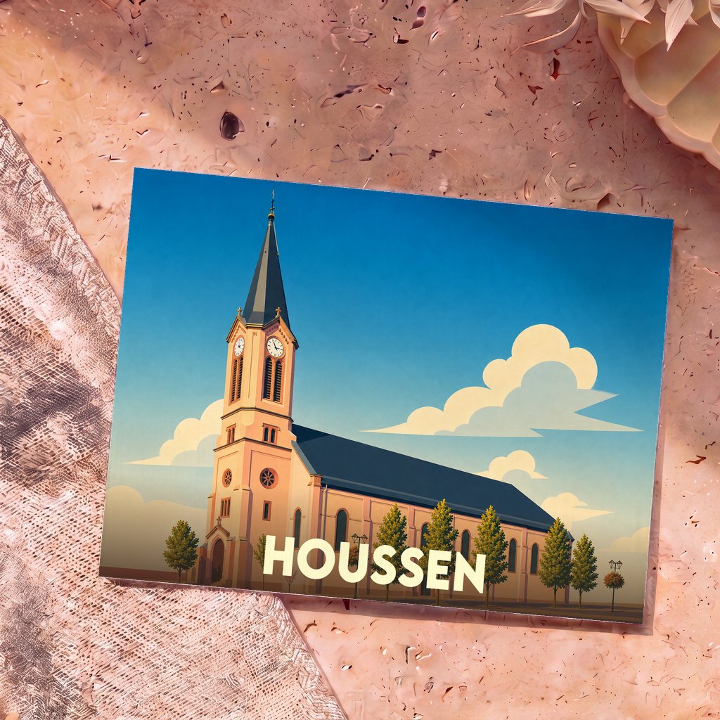 Carte postale souvenir de la ville de Houssen avec une illustration stylisée d'une église.