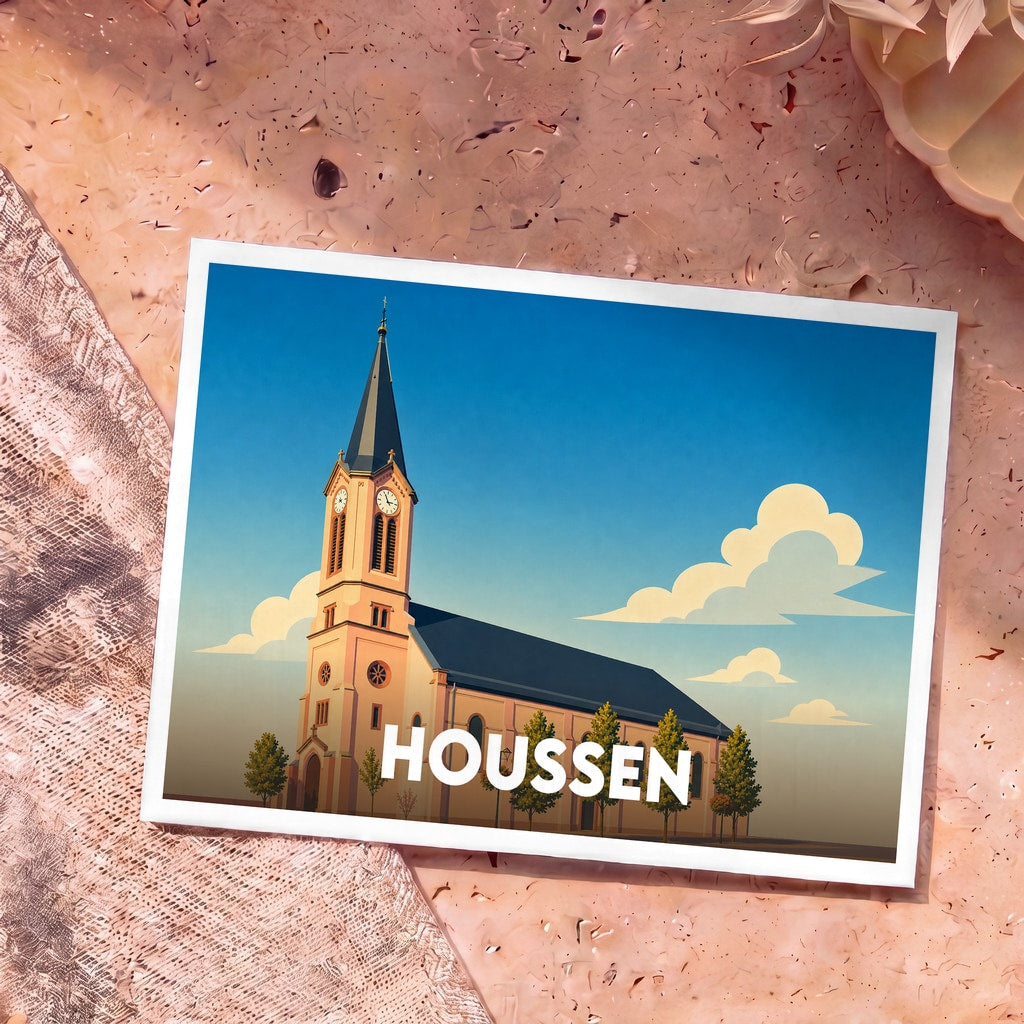 Carte postale souvenir de la ville de Houssen avec une illustration stylisée d'une église.