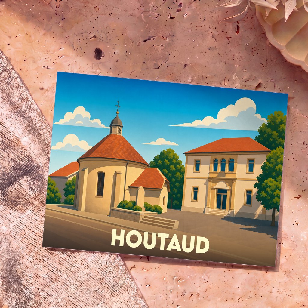 Carte postale souvenir de la ville de Houtaud avec une illustration stylisée de son église et de sa mairie.