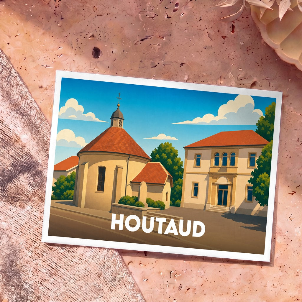 Carte postale souvenir de la ville de Houtaud avec une illustration stylisée de son église et de sa mairie.