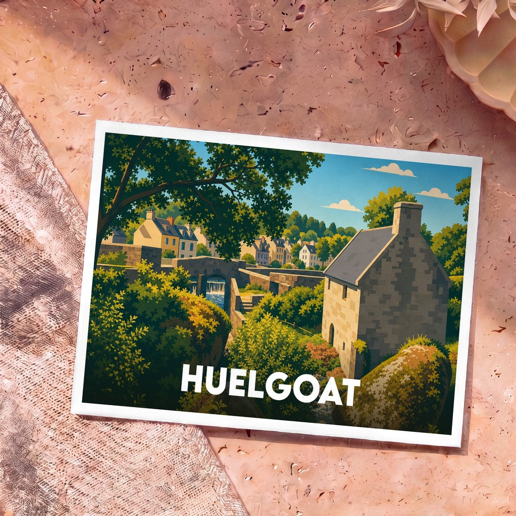 Carte postale souvenir de la ville de Huelgoat avec une illustration stylisée de son moulin et de son chaos rocheux.