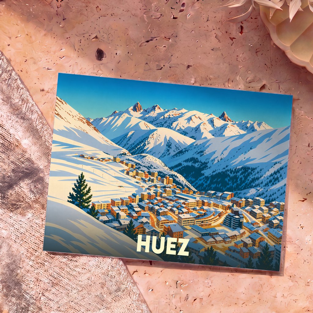 Carte postale souvenir de la ville de Huez avec une illustration stylisée d'un village de montagne enneigé.