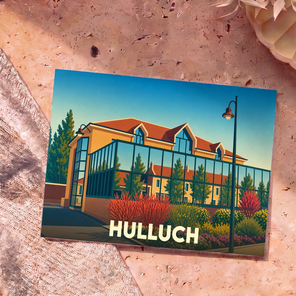 Carte postale souvenir de la ville de Hulluch avec une illustration stylisée d'un bâtiment moderne et sa réflexion.
