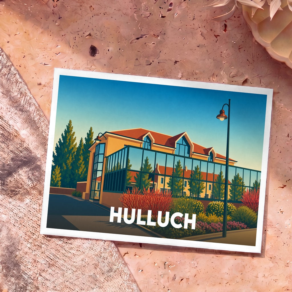 Carte postale souvenir de la ville de Hulluch avec une illustration stylisée d'un bâtiment moderne et sa réflexion.