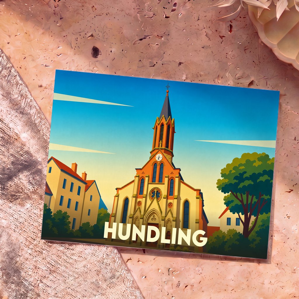 Carte postale souvenir de la ville de Hundling illustrant son église dans un style graphique épuré.