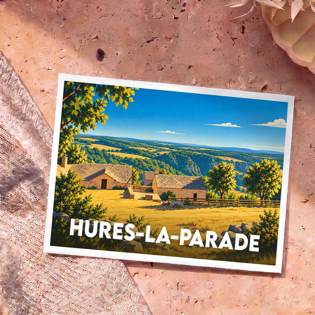 Carte postale souvenir de la ville de Hures-la-Parade avec une illustration stylisée d'un paysage rural ensoleillé.