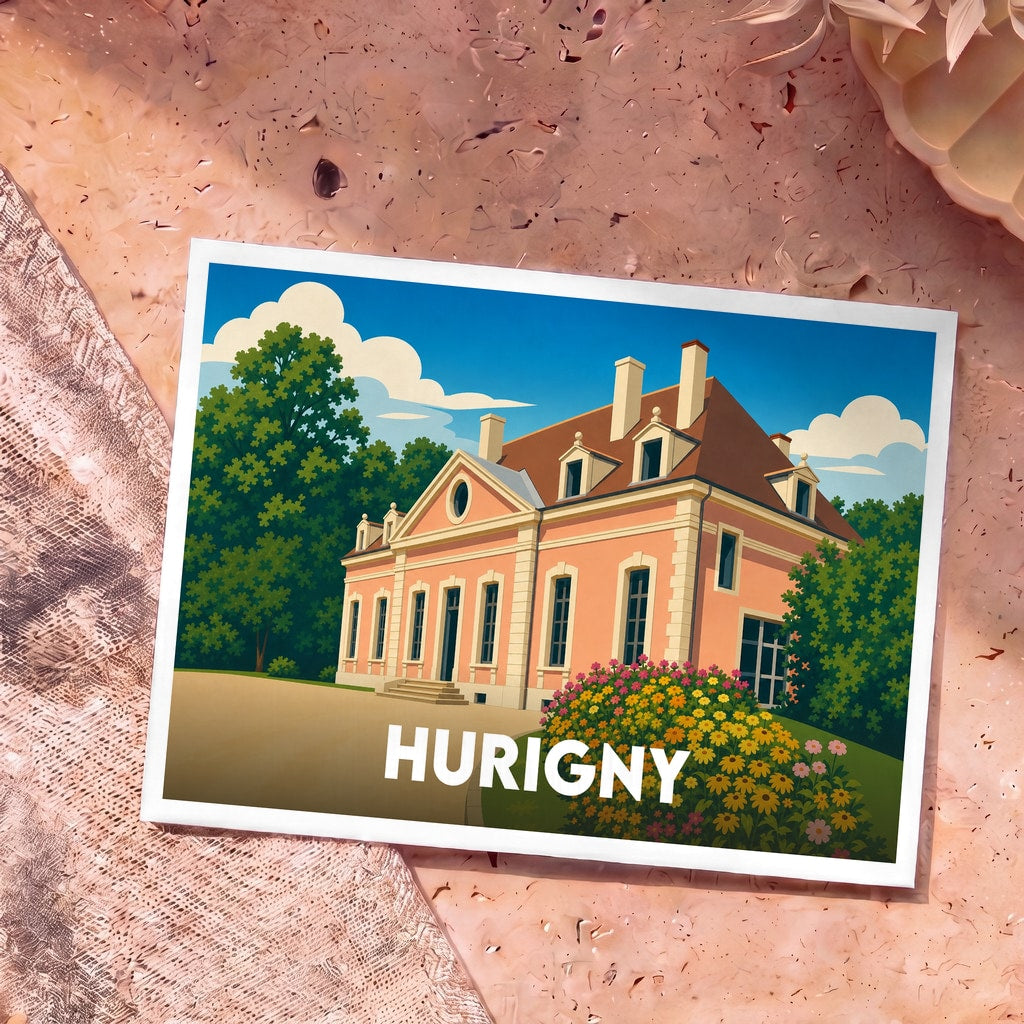 Carte postale souvenir de la ville de Hurigny avec une illustration stylisée d'une grande demeure ancienne.