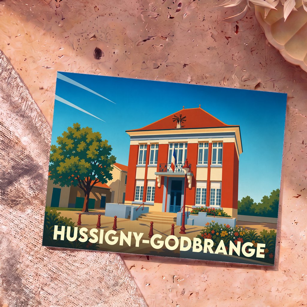 Carte postale souvenir de la ville de Hussigny-Godbrange avec une illustration stylisée de sa mairie.