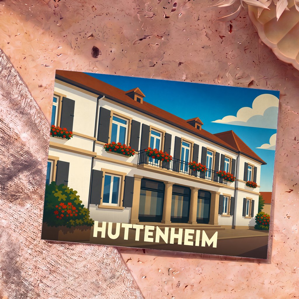 Carte postale souvenir de la ville de Huttenheim avec une illustration stylisée de l'hôtel de ville fleuri.