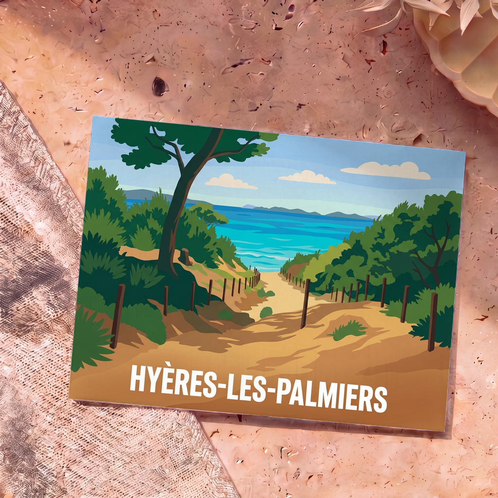 Carte postale souvenir de la ville de Hyères-les-Palmiers avec une illustration stylisée d'un chemin dunaire menant à la mer.