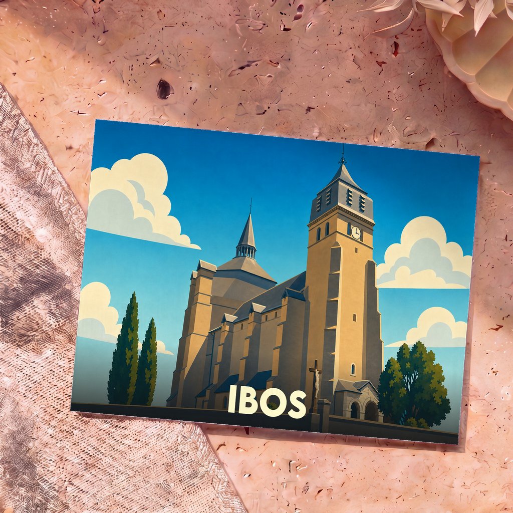 Carte postale souvenir de la ville d'Ibos illustrant sa collégiale dans un style graphique épuré.