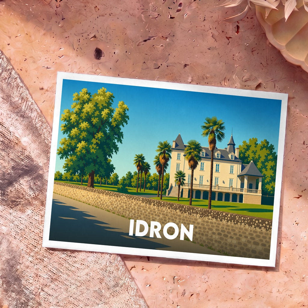 Carte postale souvenir de la ville d'Idron avec une illustration stylisée de son château et de palmiers.