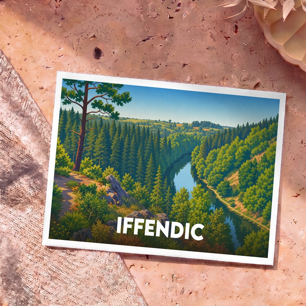 Carte postale souvenir de la ville d'Iffendic avec une illustration stylisée d'une vallée boisée et d'une rivière.