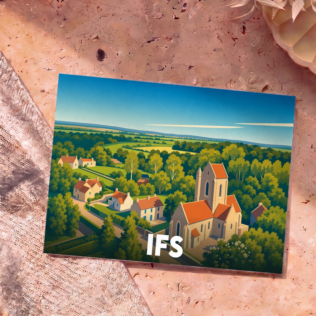 Carte postale souvenir de la ville d'Ifs avec une illustration stylisée de son église et de ses paysages verdoyants.