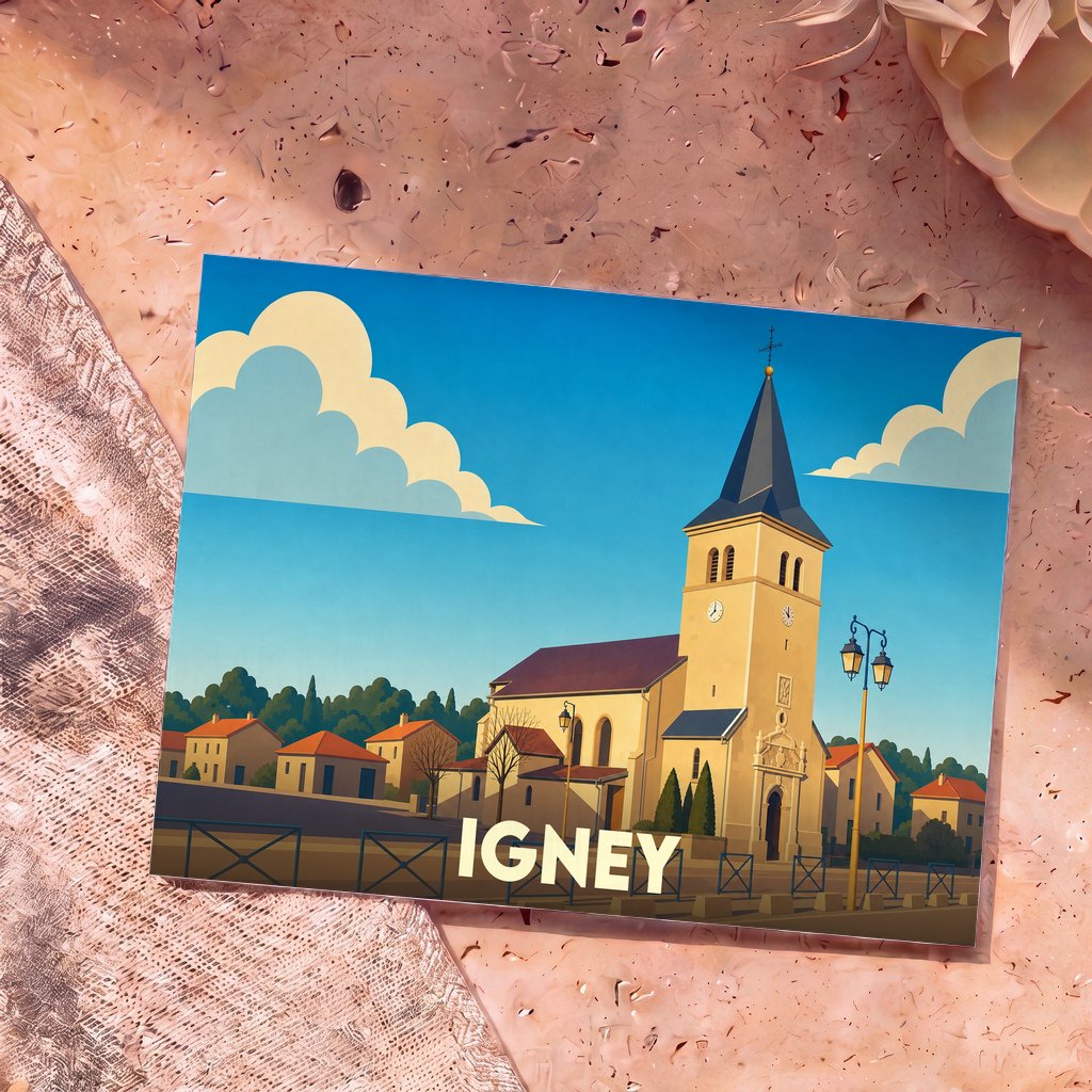 Carte postale souvenir de la ville d'Igney avec une illustration stylisée de son église et de ses maisons sous un ciel bleu.
