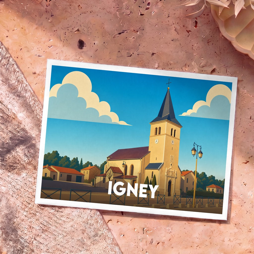 Carte postale souvenir de la ville d'Igney avec une illustration stylisée de son église et de ses maisons sous un ciel bleu.