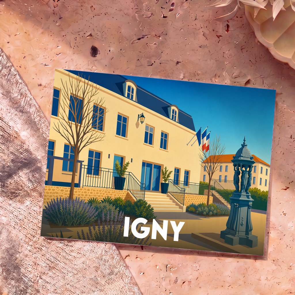Carte postale souvenir de la ville d'Igny illustrant sa mairie et une fontaine Wallace dans un style graphique épuré.
