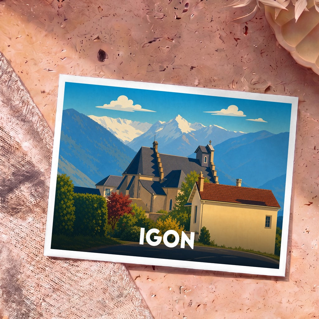 Carte postale souvenir de la ville d'Igon avec une illustration stylisée d'une église devant des montagnes enneigées.