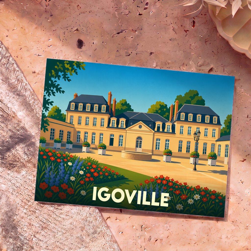 Carte postale souvenir de la ville d'Igoville avec une illustration stylisée d'un château entouré de jardins fleuris.