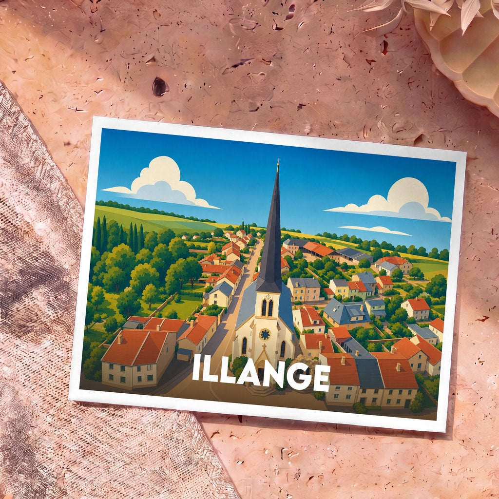 Carte postale souvenir de la ville d'Illange avec une illustration stylisée vue du ciel.