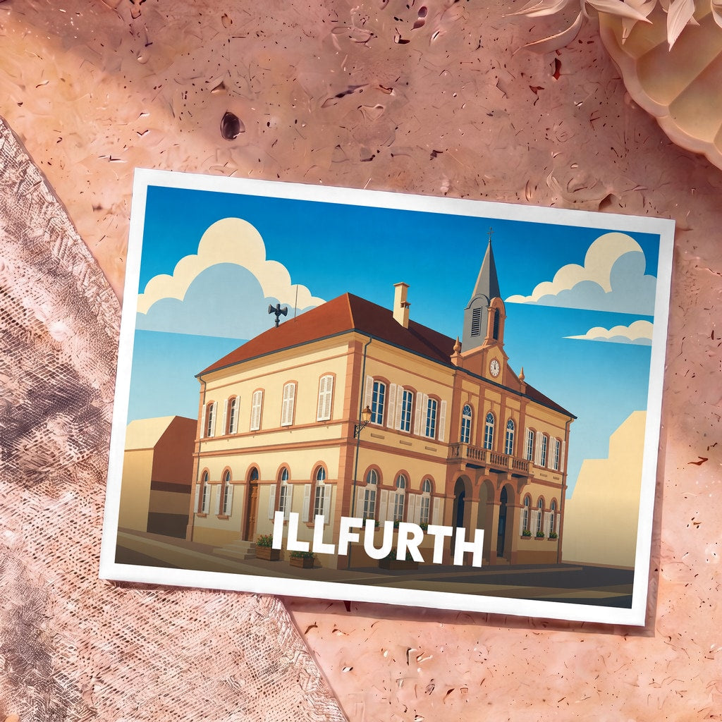 Carte postale souvenir de la ville d'Illfurth illustrant la mairie avec un style graphique épuré.