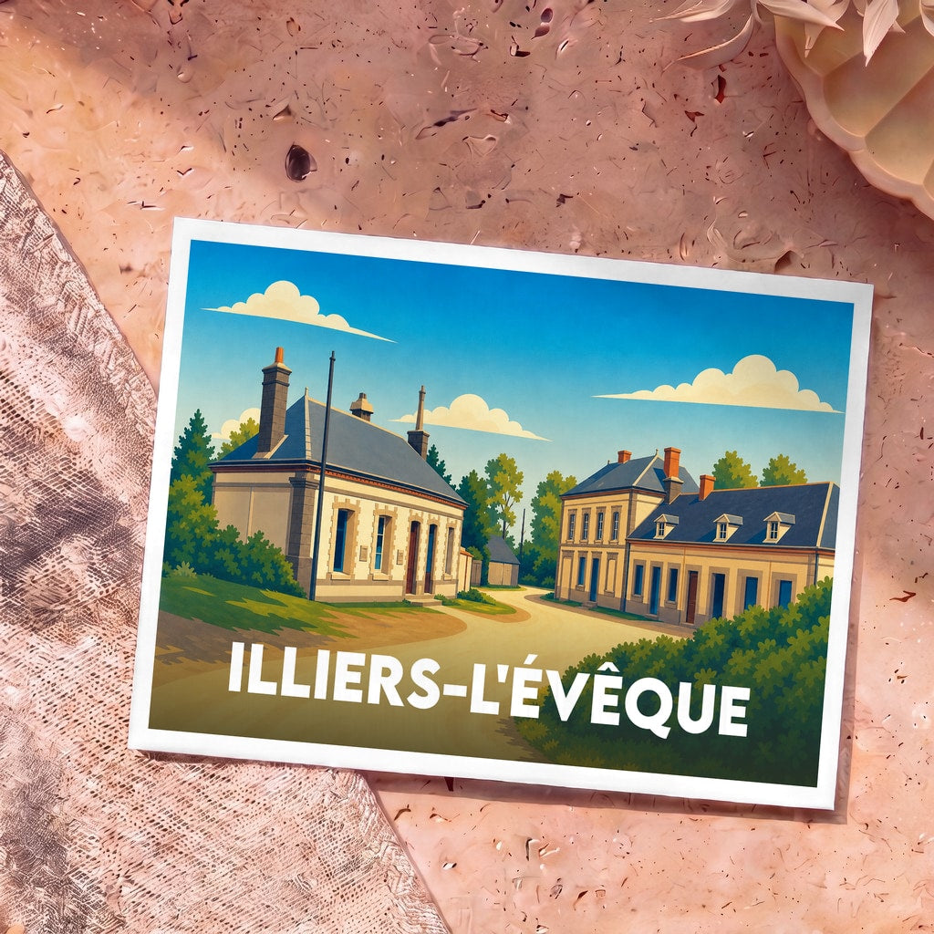 Carte postale souvenir de la ville de Illiers-l'Évêque avec une illustration stylisée de ses maisons traditionnelles.
