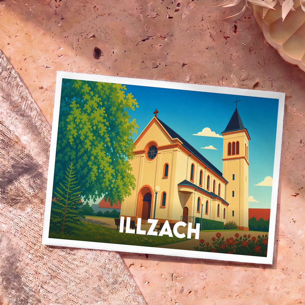 Carte postale souvenir de la ville d'Illzach avec une illustration stylisée de son église et de ses jardins.