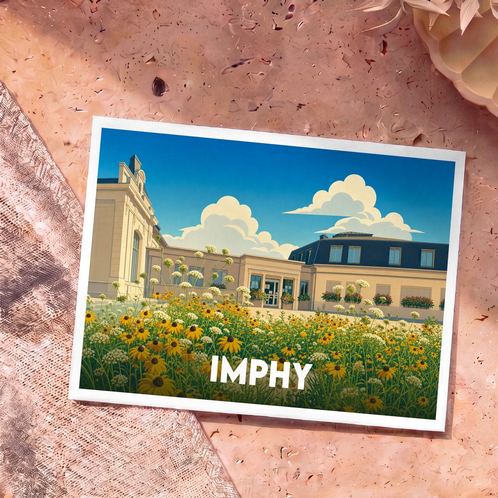 Carte postale souvenir de la ville d'Imphy avec une illustration stylisée d'un bâtiment fleuri.