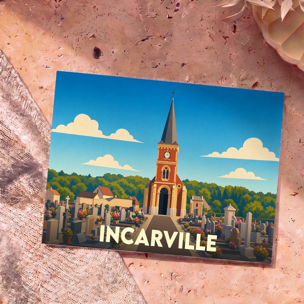 Carte postale souvenir de la ville d'Incarville illustrant son église et son cimetière dans un style graphique épuré.