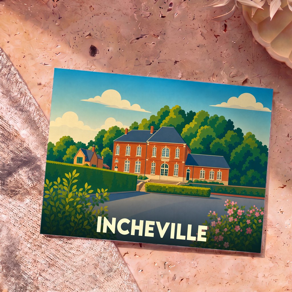 Carte postale souvenir de la ville d'Incheville avec une illustration stylisée de sa mairie.