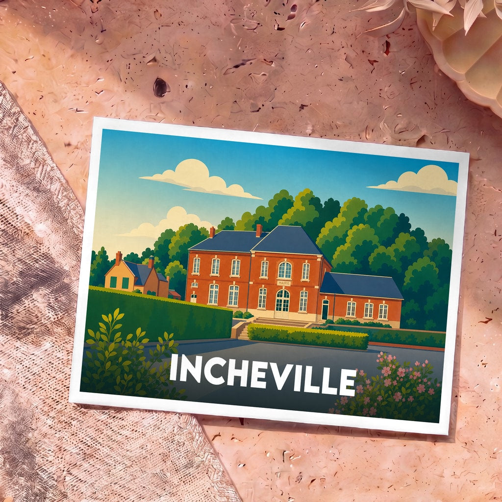 Carte postale souvenir de la ville d'Incheville avec une illustration stylisée de sa mairie.